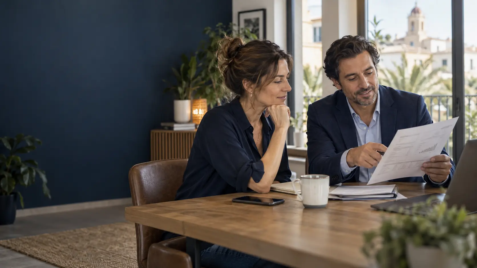 Asesor energético revisando una factura con una empresaria